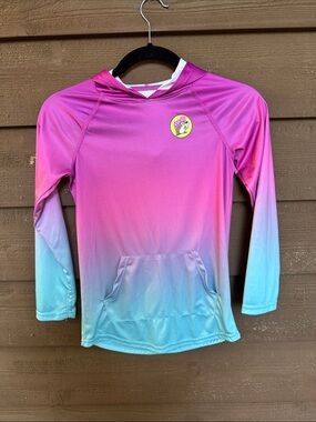 Bucees Hooded Gradient Pink-to-Aqua Rashguard Swim Top with hood size YM
